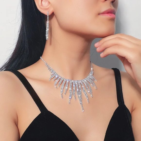 Prom Pageant Bridal Jewelry - COPY - Geometric White Rhinestone Necklace & Earrings Set